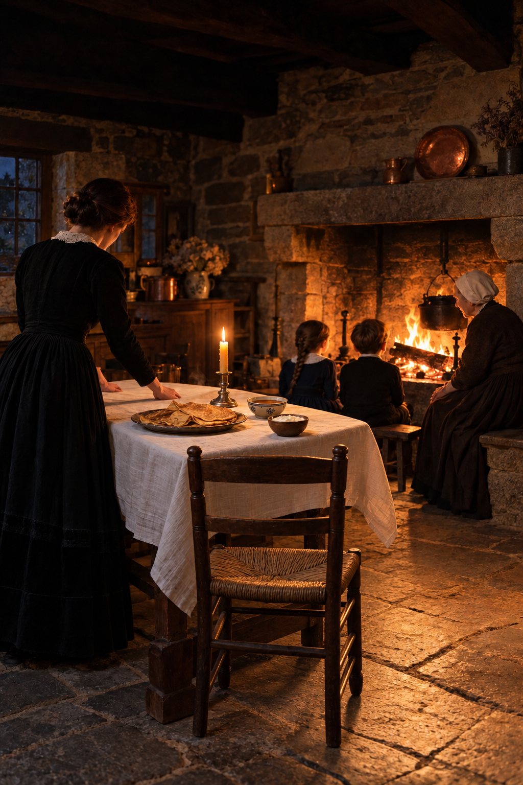 Kala-Goañv : table dressée d'une nappe blanche, crêpes, cidre et lait pour les âmes, nuit de la Toussaint en Bretagne