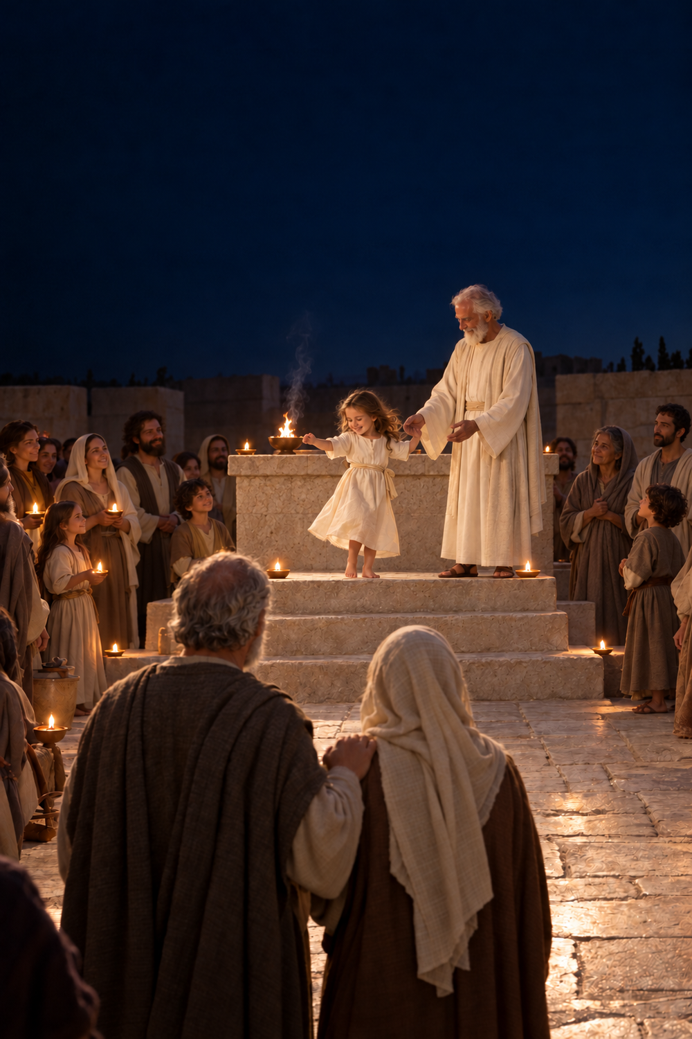 Présentation de Marie au Temple : l'enfant Marie danse sur la troisième marche de l'autel, accueillie par le prêtre, sous le regard d'Anne et Joachim